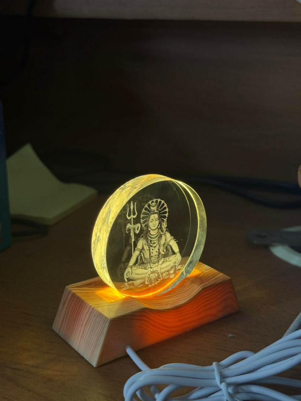 Meditating Shiv Engraved Acrylic LED Night Lamp with Wooden Base for Home Decor