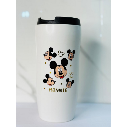 White Travel Coffee Tumbler with Cute Cartoon Faces – 400 ml Stainless Steel Inner Wall – Leakproof Lid – Ideal for Hot & Cold Beverages