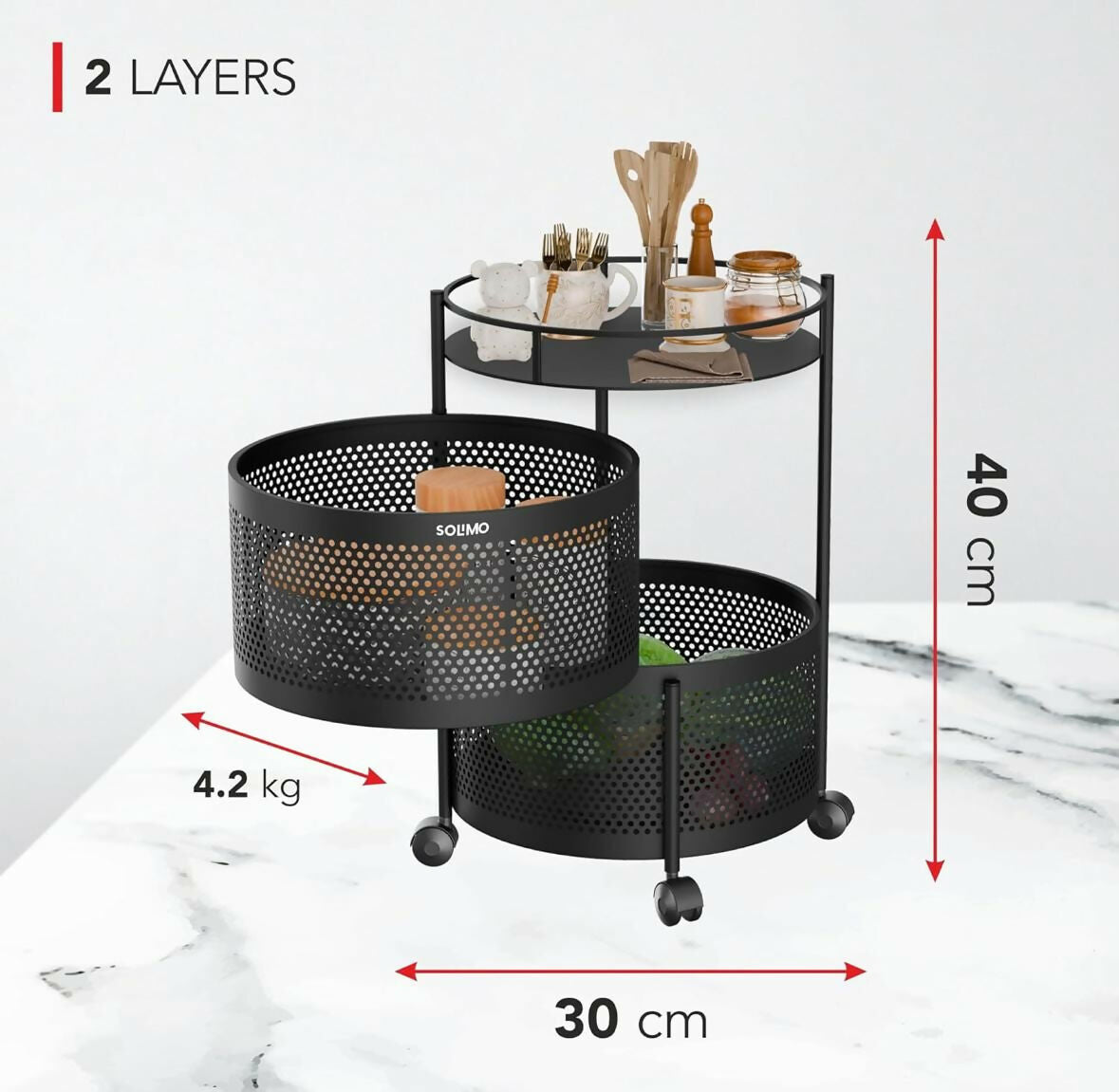Compact Round 2-Layer Kitchen Trolley with Ventilated Mesh Baskets & Four Swivel Wheels
