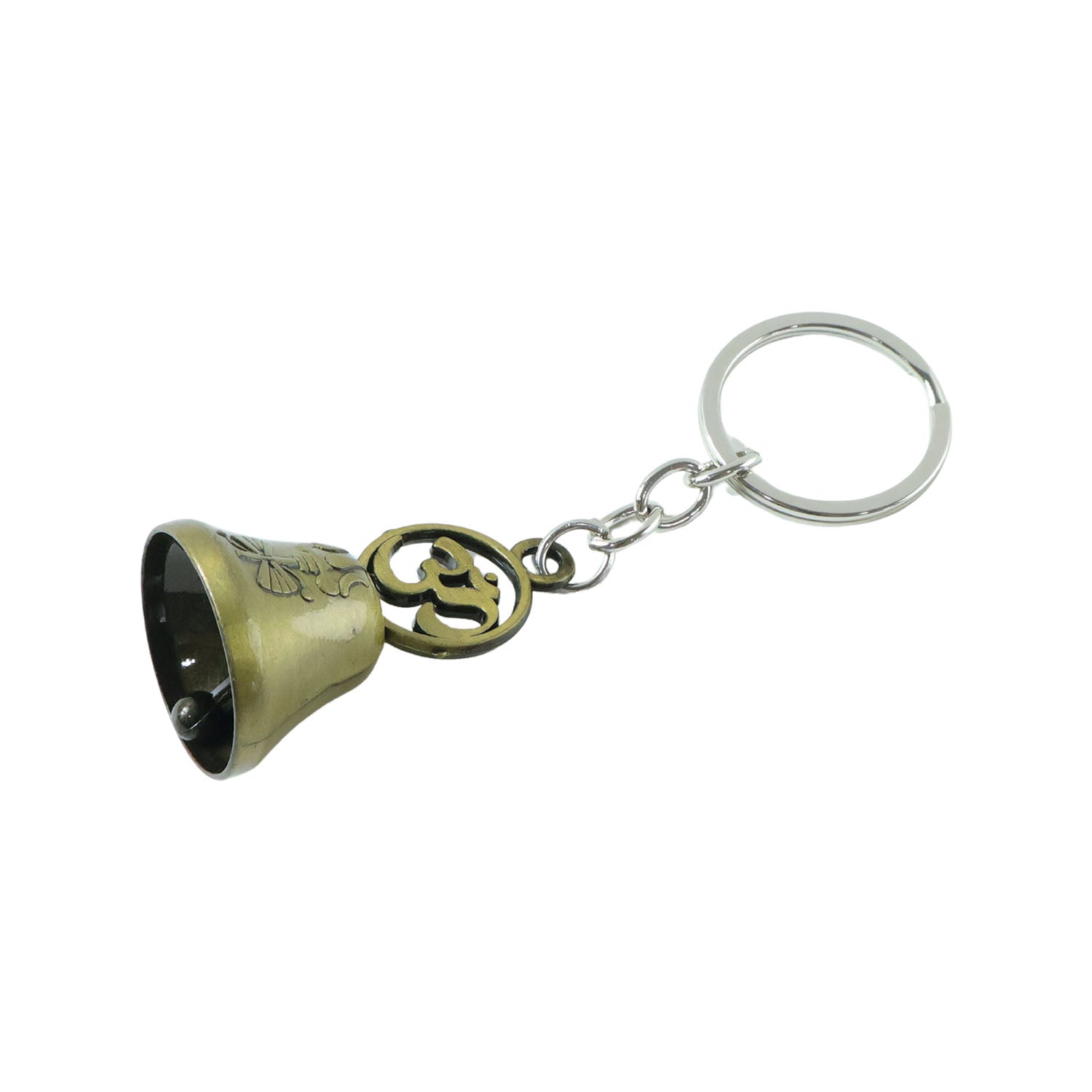 Om temple bell keychain displayed on a textured surface