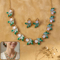 Emerald Bloom Pearl Necklace Set with Green Leaf Design & Matching Earrings