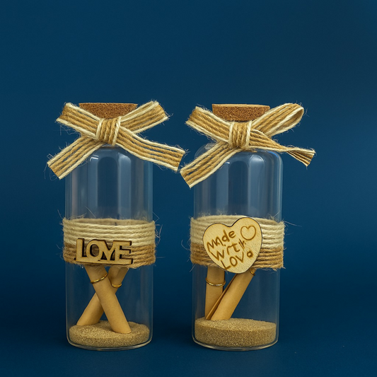 Set of 12 Mini Glass Message Bottles with Cork & Jute Rope – Paris Theme “Lucky Bottle” Decorative Set | Mini Wish Bottles with Sand, Scrolls & Wooden Tags (LOVE & Made with Love) | DIY Gift Bottles for Home Décor, Craft & Gifting