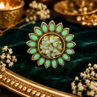 Elegant Mint Green Floral Statement Ring for Women | Vintage Gold Finish