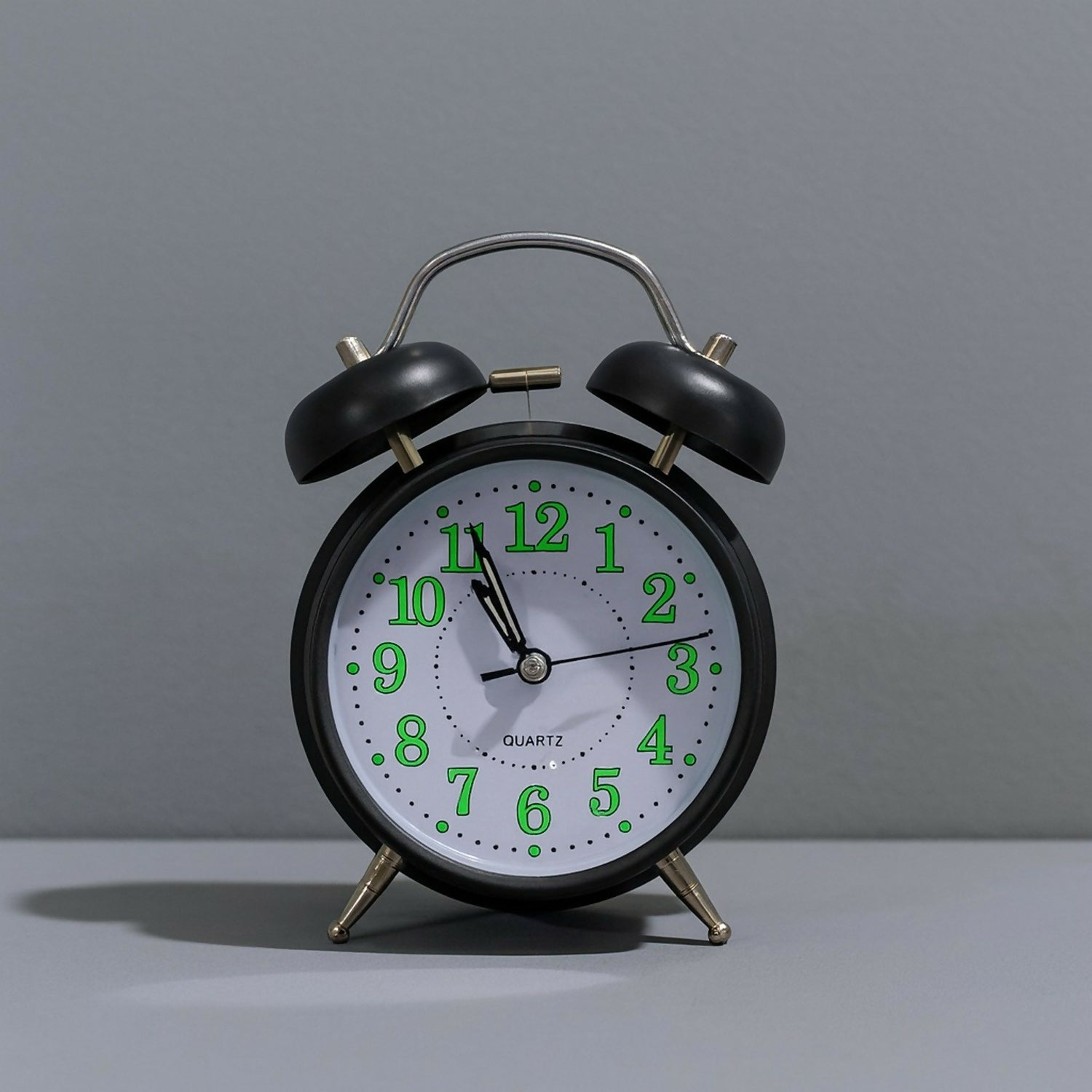 Black Twin Bell Alarm Clock – Loud Analog Desk Clock with Green Numbers