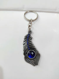 Blue Stone Peacock Feather Keychain with Silver Tone Decorative Design
