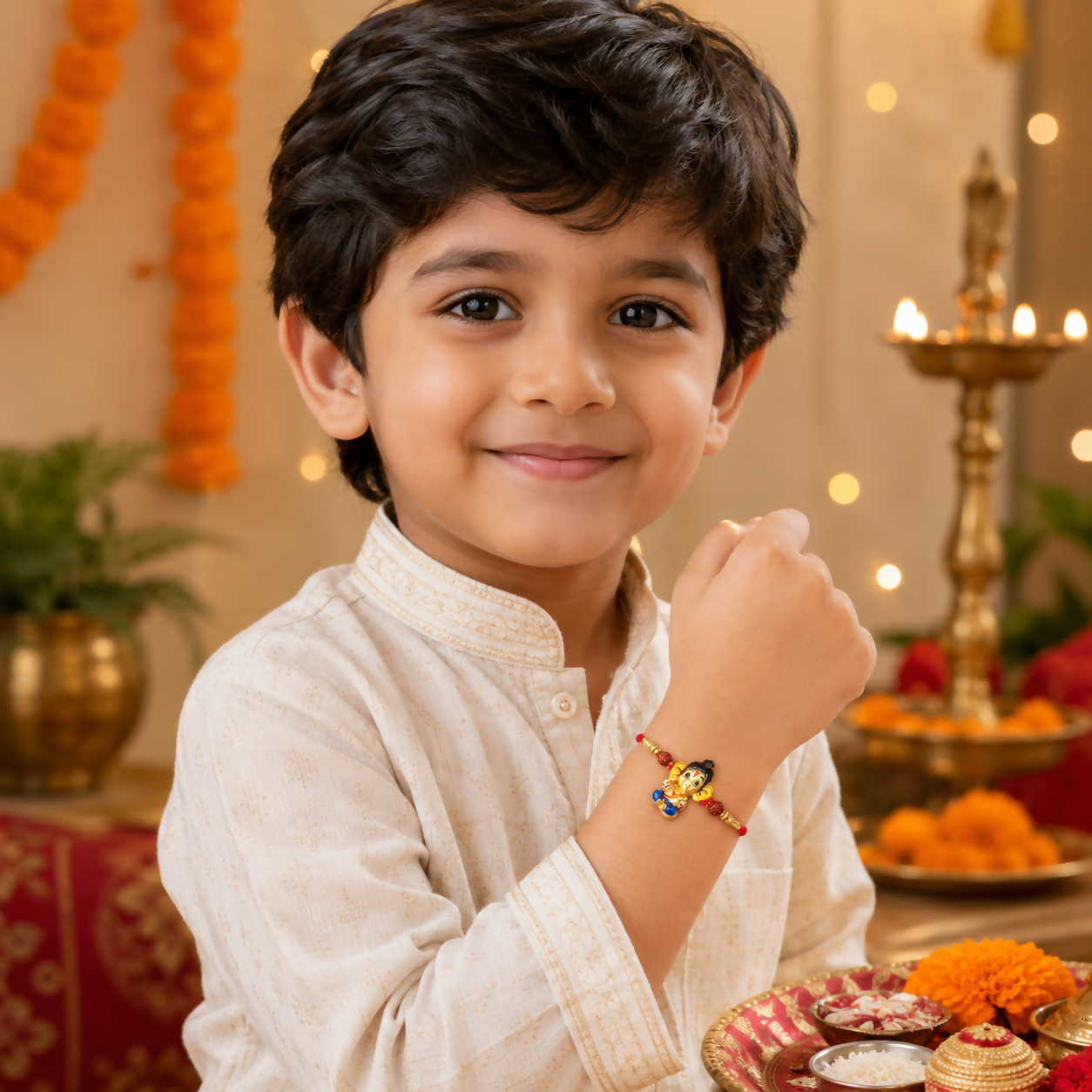 A young boy in a cream kurta smiles while wearing the red thread with a metallic Ganesha charm on his wrist, with a diya in