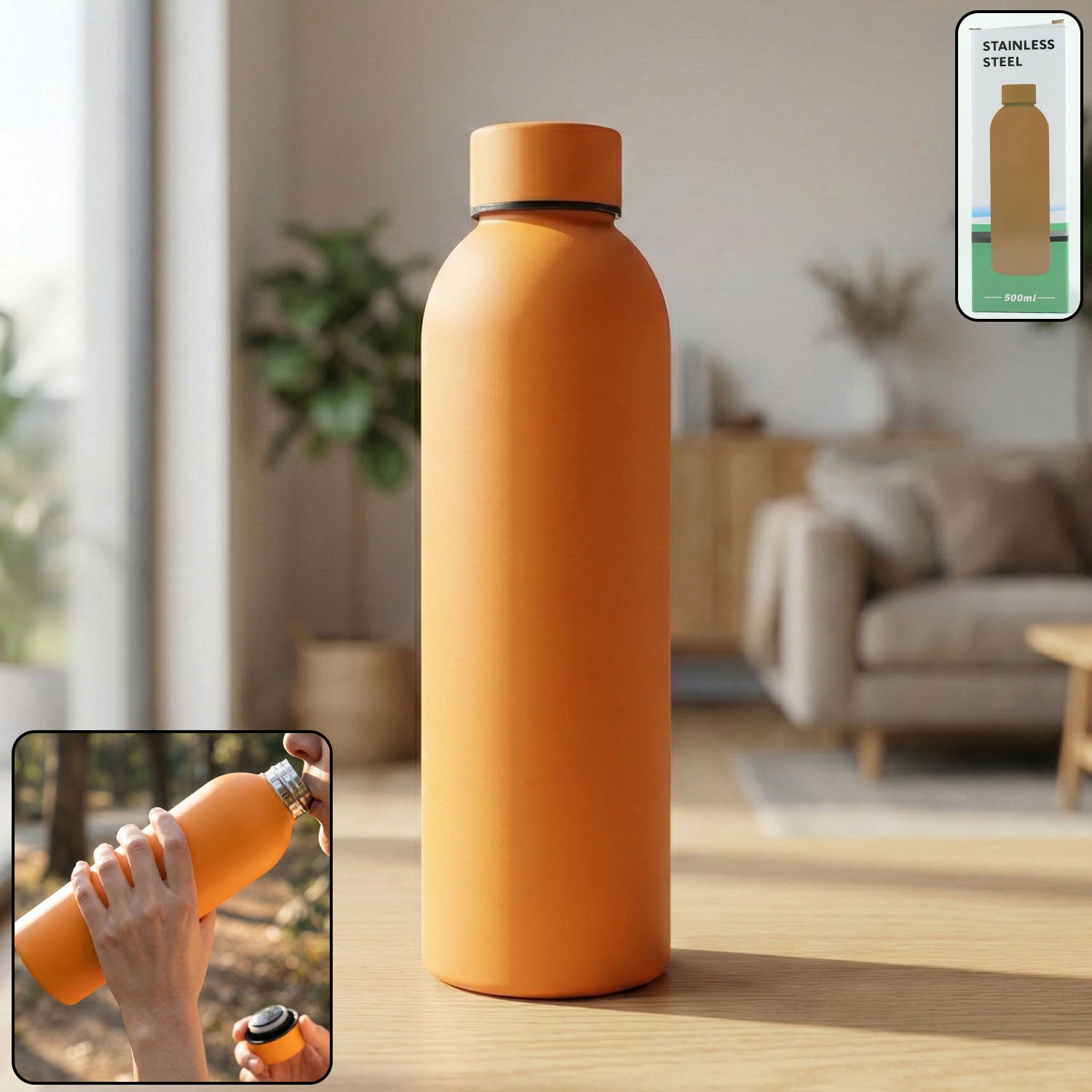 Stainless Steel Double Wall Vacuum-Insulated Drink Water (Orange / 500 ML Approx)