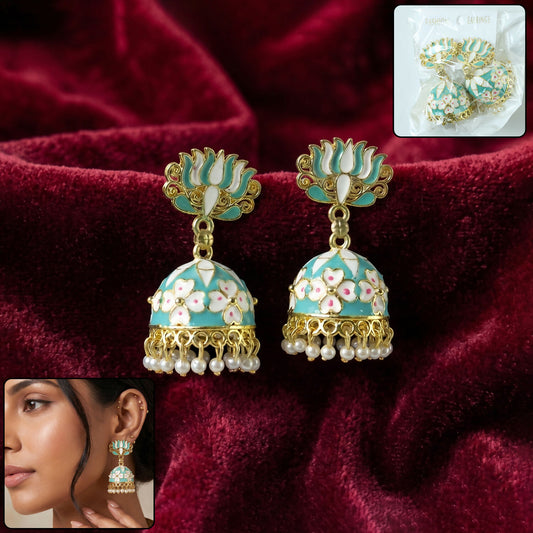 Sea Pista Lotus Jhumka Earrings with pearl hanging - front view