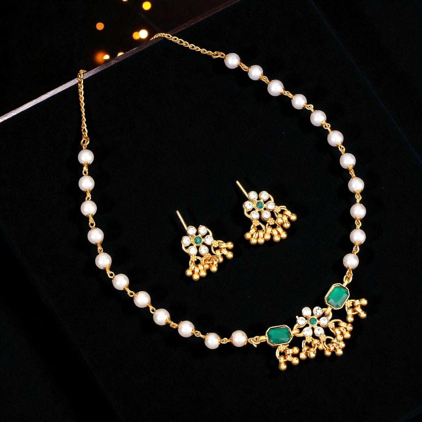 Gold-plated green enamel lotus choker necklace with pearl drops