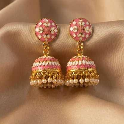 Pink jhumka earrings styled with festive attire