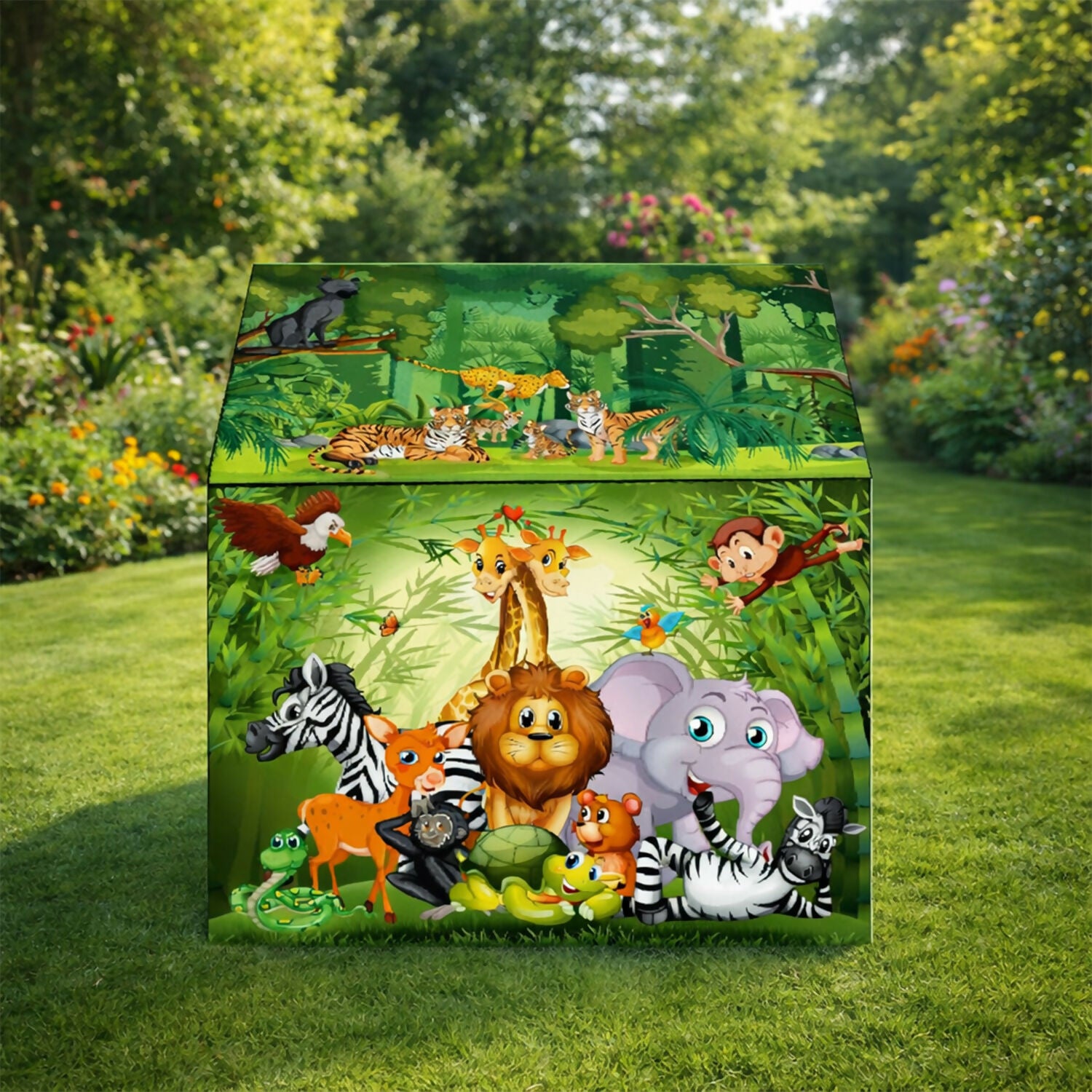 Jungle Safari Foldable Kids Play Tent House with Cartoon Animal Print for Indoor & Outdoor Fun
