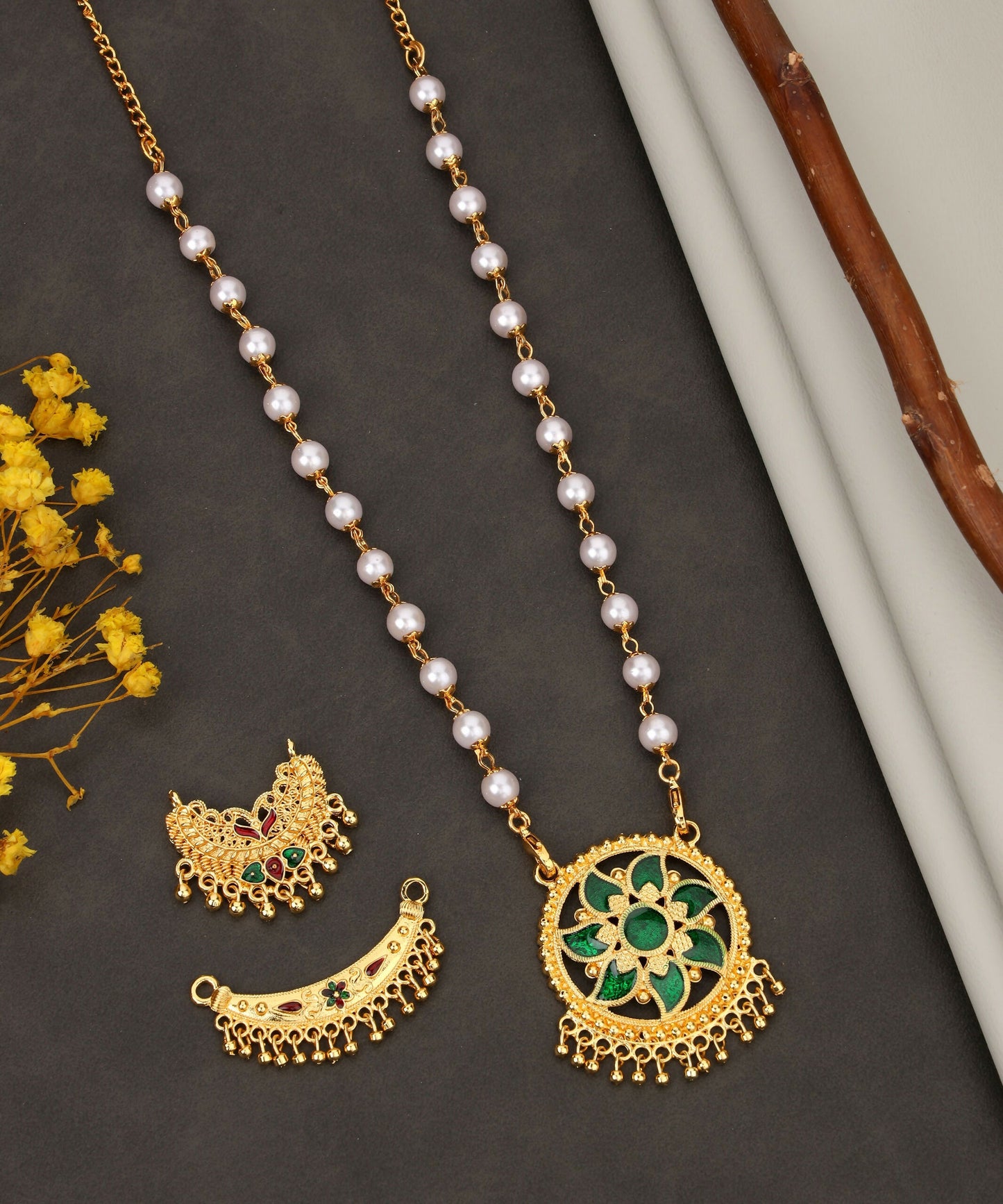 Romantic Gold Ruby Green Mina Work Crystal Heart Necklace Set