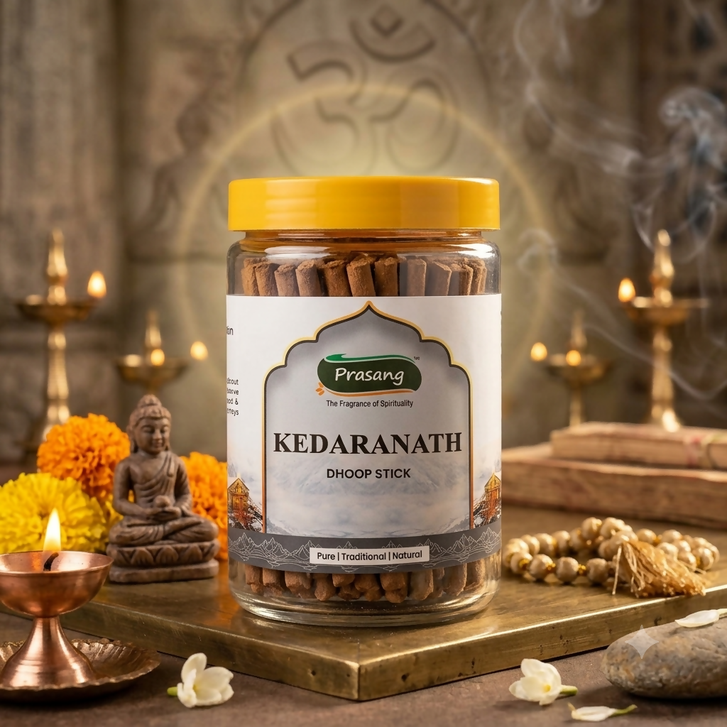 A clear jar of brown dhoop sticks with a yellow lid, with a small Buddha statue and prayer beads.