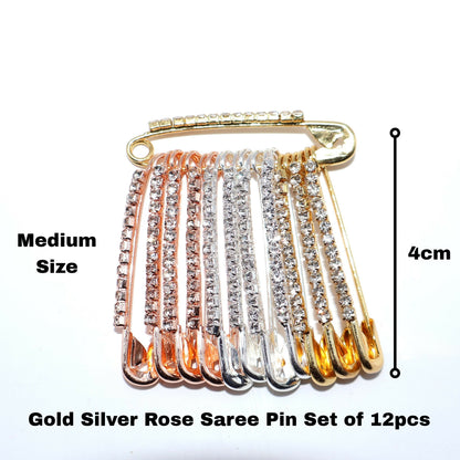Multi-Tone Crystal Dangle Saree Pin Brooch - Mixed Metal Shawl Pin