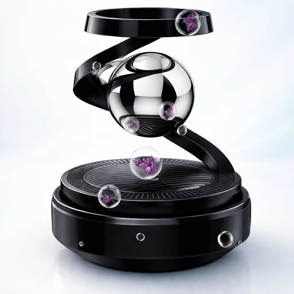 Black magnetic levitation rotating car air freshener on dashboard