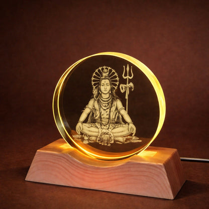 Meditating Shiv Engraved Acrylic LED Night Lamp with Wooden Base for Home Decor