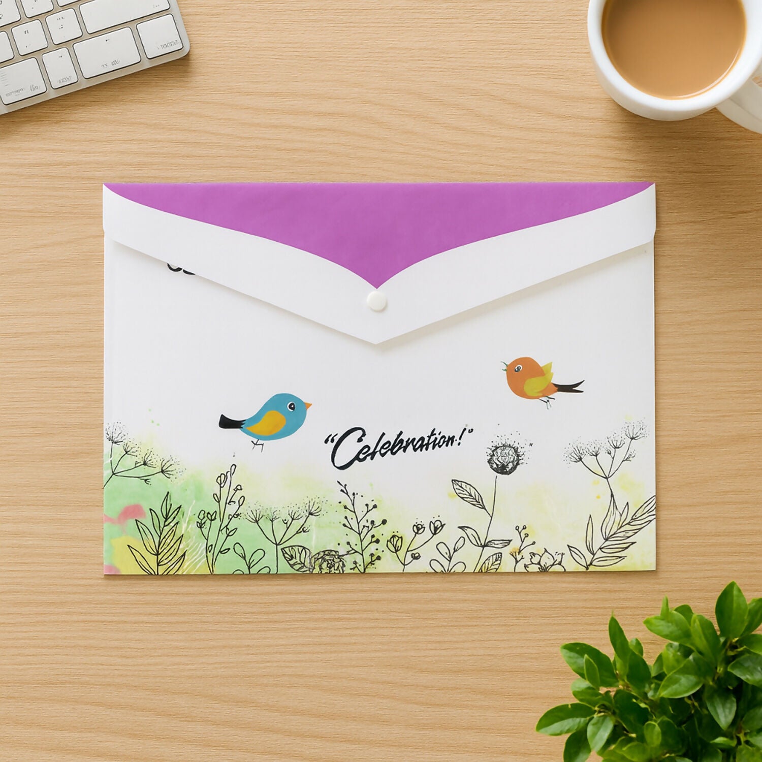 Mix Design Printed A4 Document Folder – Decorative Button Closure File with Bird & Floral Design (1 Pc)