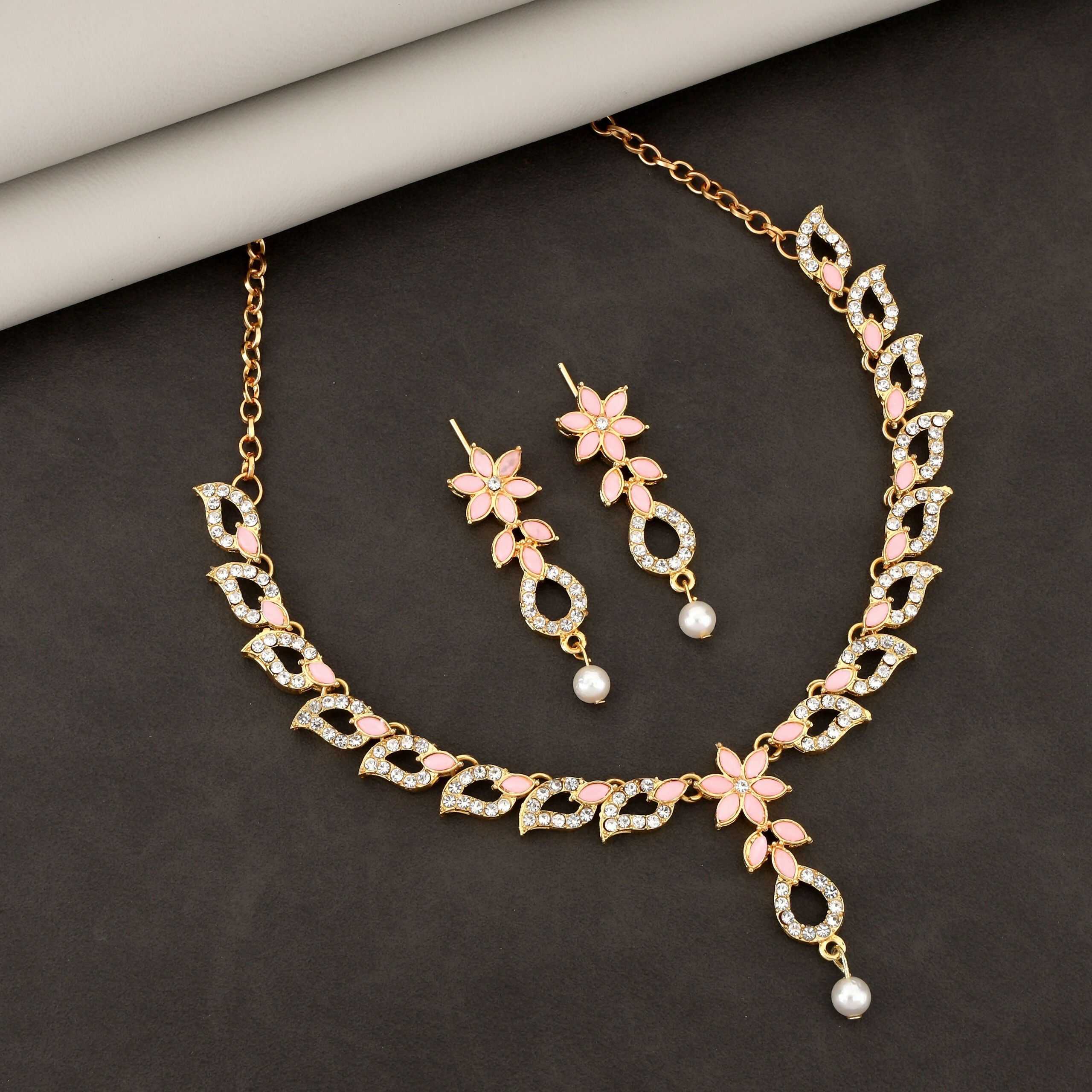 Baby Pink Floral Crystal Necklace Set – Elegant Pearl Drop