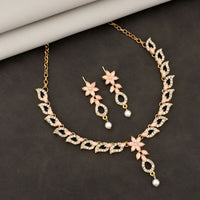 Delicate Baby Pink Floral & Crystal Necklace Set with Pearl Drop