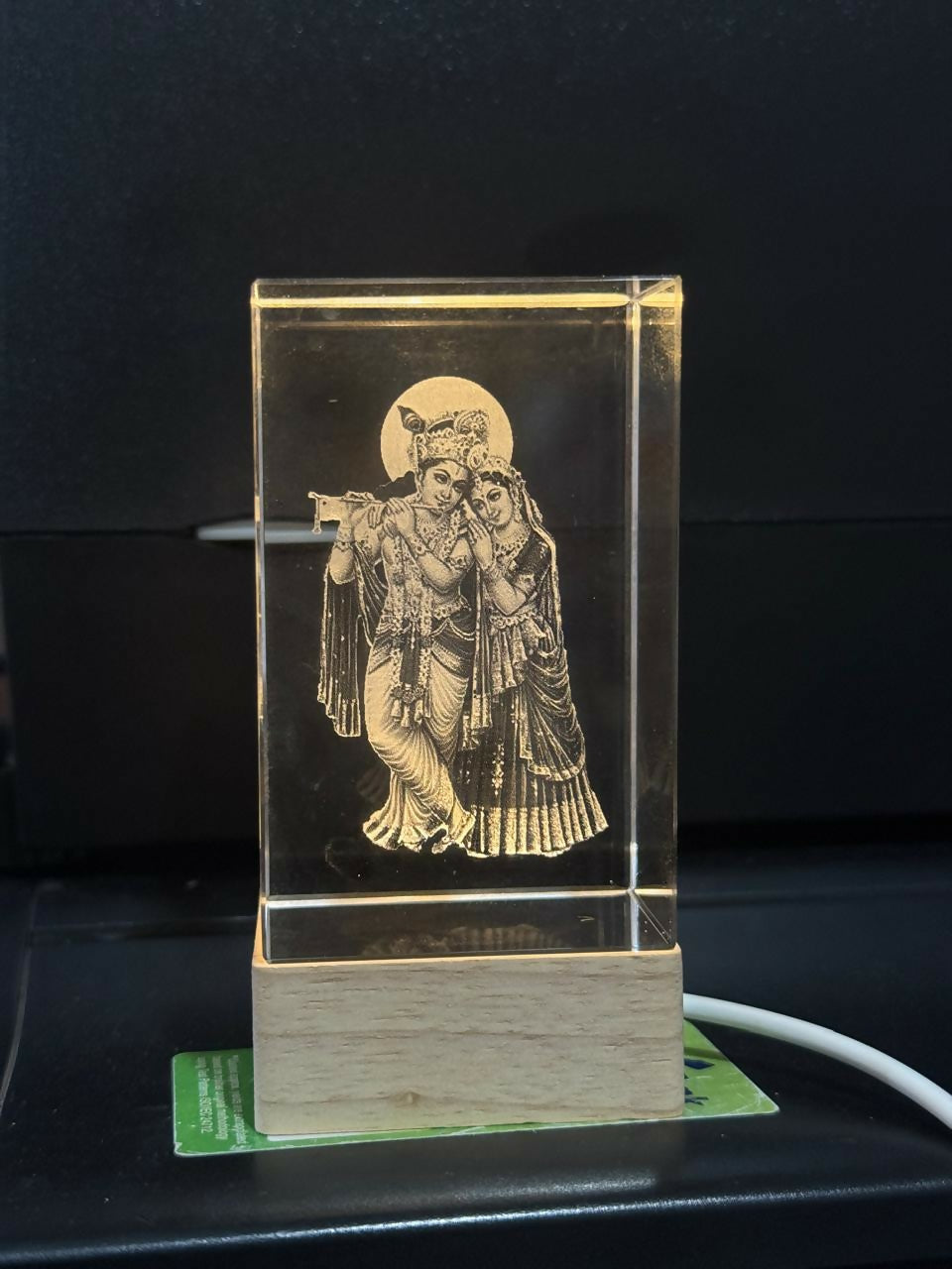 Radha Krishna 3D Crystal LED Night Lamp with Wooden Base – Divine Spiritual Gift for Home Décor, Office Desk, Puja Room, and Festive Lighting – Elegant Laser Engraved God Idol Showpiece