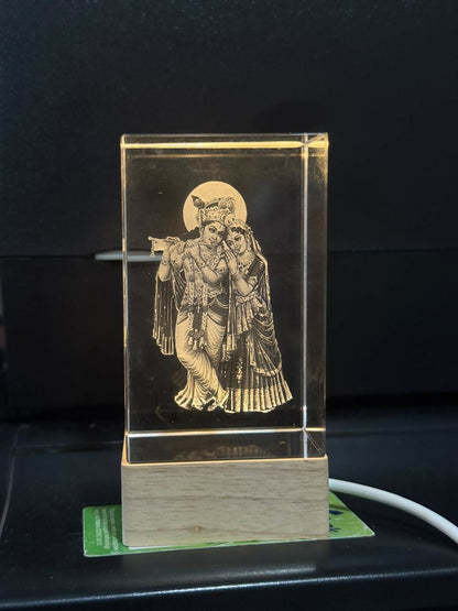 Radha Krishna 3D Crystal LED Night Lamp with Wooden Base – Divine Spiritual Gift for Home Décor, Office Desk, Puja Room, and Festive Lighting – Elegant Laser Engraved God Idol Showpiece
