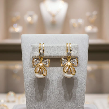 Korean Style Bow Pearl Drop Earrings for Women & Girls