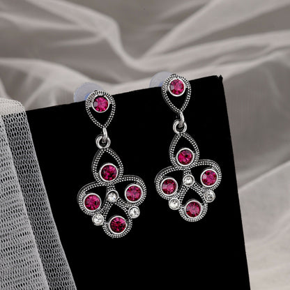 Antique Silver-Toned Choker Set with Fuchsia Pink Stones