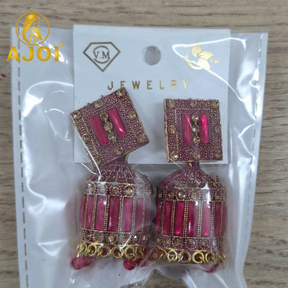 Royal Rose Pink Designer Earrings with Elegant Drop and Stone Embellishment