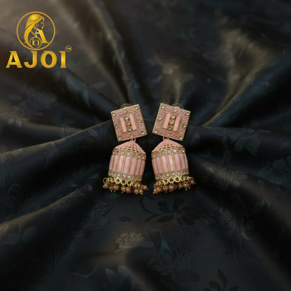 Blush Pink Designer Earrings with Elegant Stone Detailing and Drop Finish
