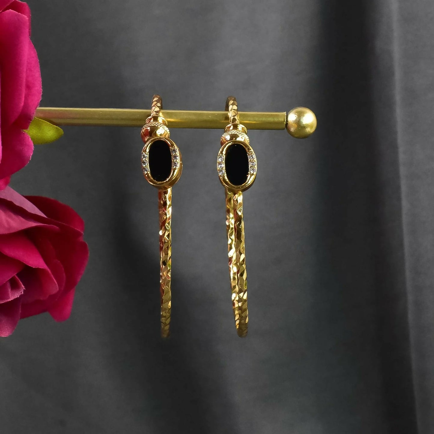 Black Stone Gold Plated Open Bangle Bracelet for Women