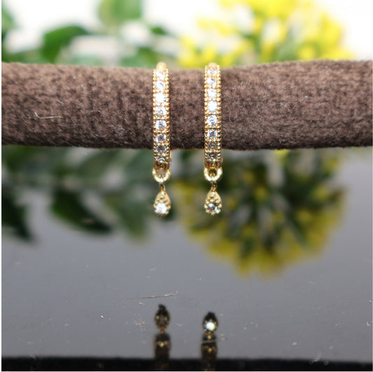 Gold plated Bali dangle huggie earrings with geometric floral design, set of 2