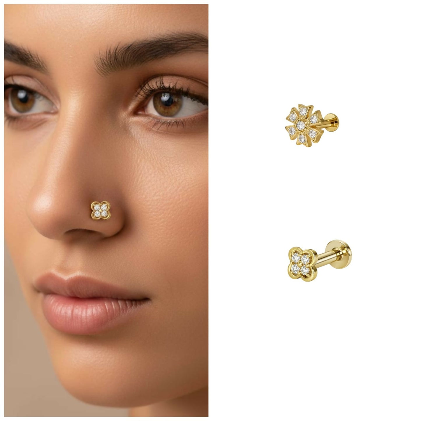 Gold plated flower nosepin with cubic zirconia flat back stud combo pack