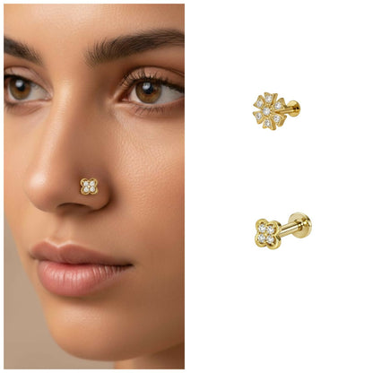 Gold plated flower nosepin with cubic zirconia flat back stud combo pack