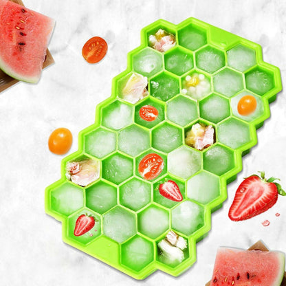 Multi-color honeycomb ice trays stacked in freezer
