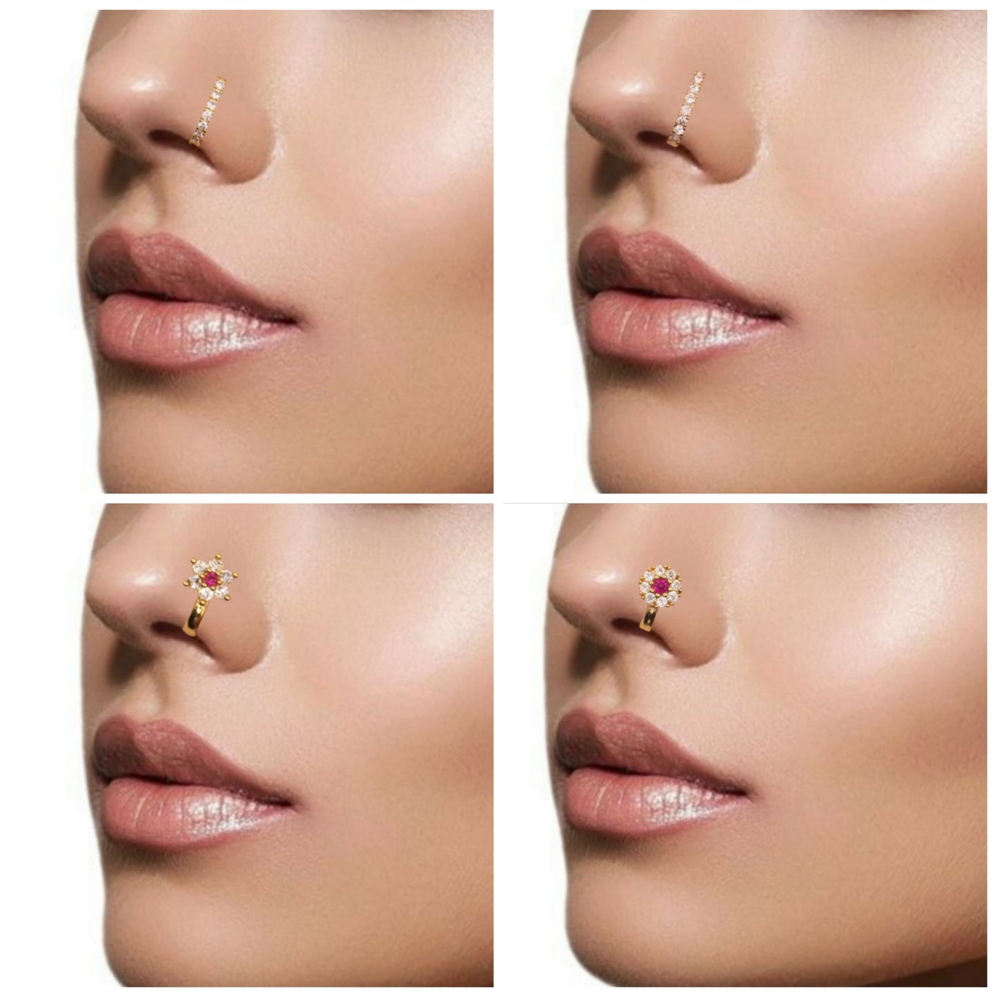 AD Flower & Line Non-Piercing Nose Ring/Nath Combo Set Combo Pack of 4