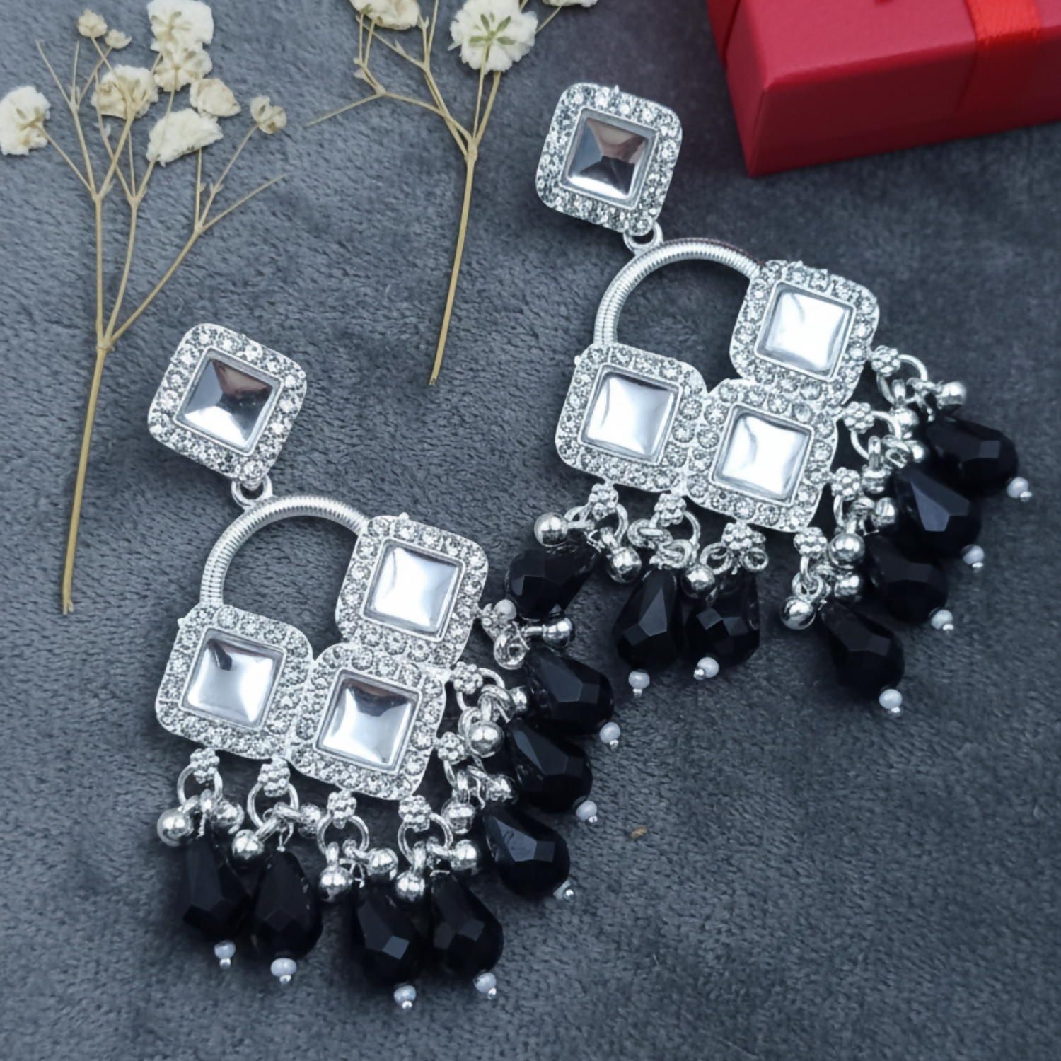 Elegant Silver Plated Chandelier Earrings Featuring Square Crystals and Black Teardrop Beads