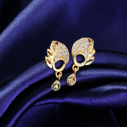 Elegant Gold Finish Leaf Pattern Stud Earrings With Sparkling Stone Drop Design