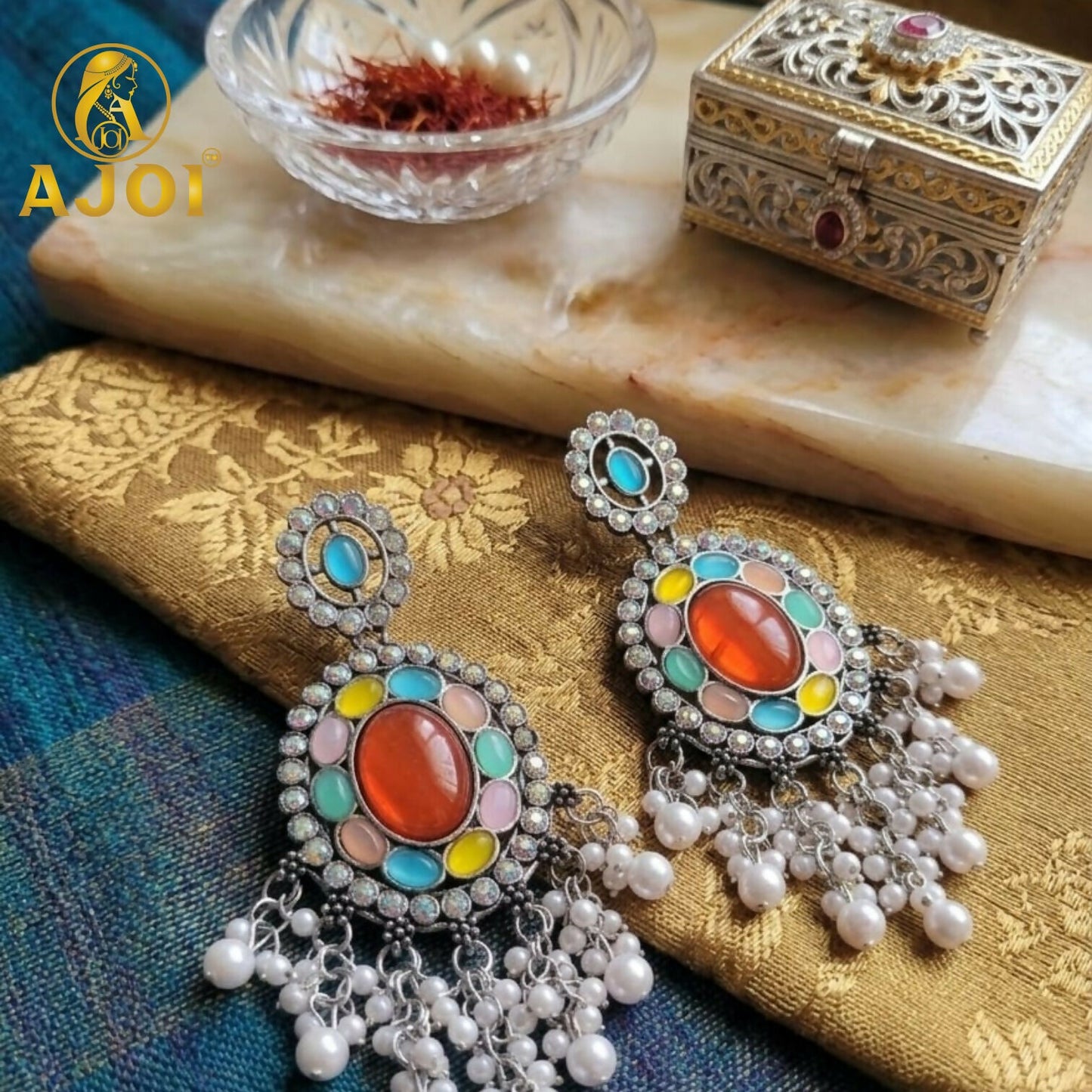 Oxidized Oval Earrings with Multicolor Stones & Pearl Tassel Drops