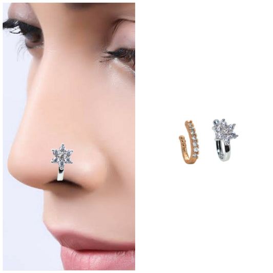 Rhodium Plated Non-Pierced Press Nath/Nose Pin for Women Combo Pack of 2