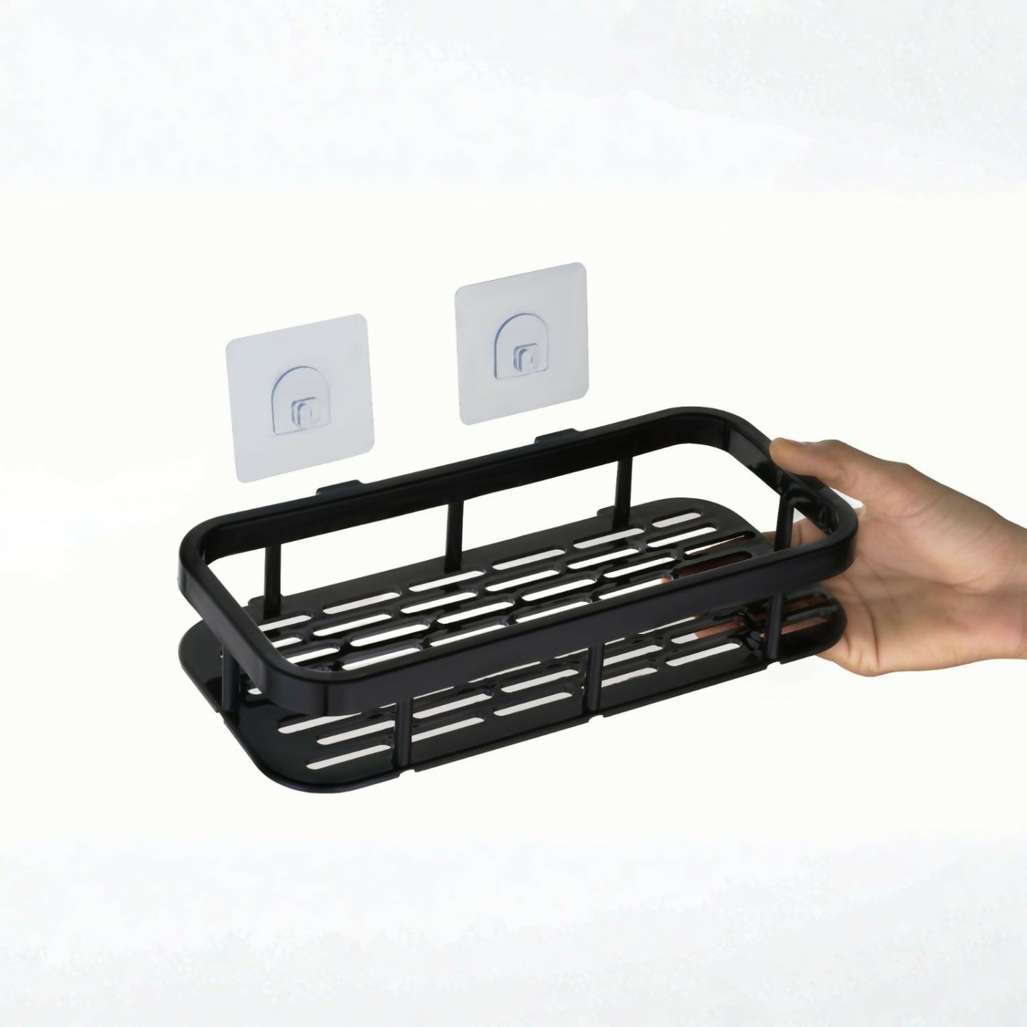 Close-up of adhesive mounting for no-drill bathroom shelf