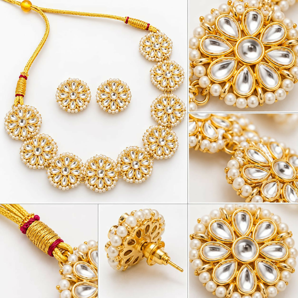 Collage showing close-ups of the necklace and earring details, including the back of an earring.
