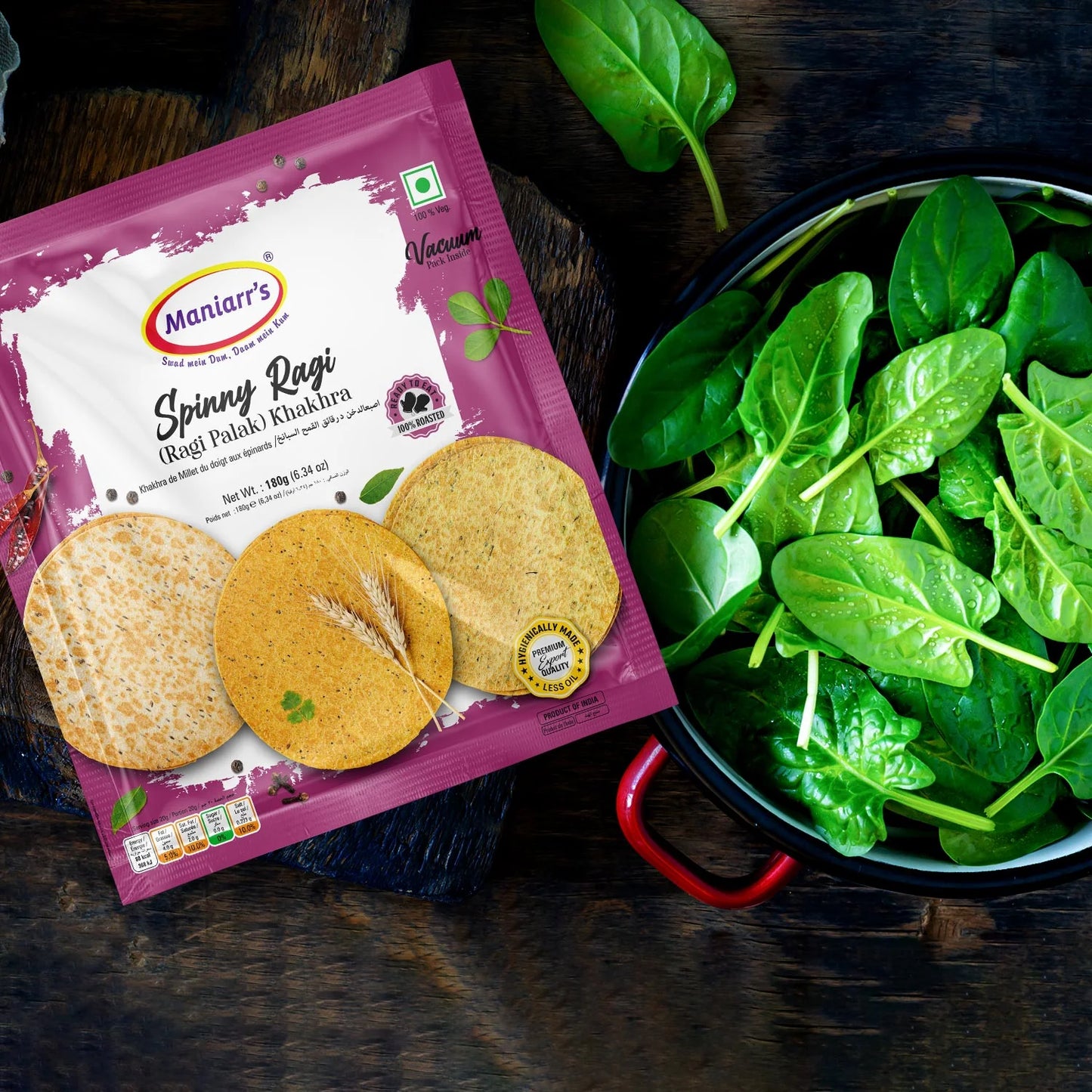 Maniarr's Spinny Ragi Khakhra packaging, highlighting the spinach and ragi ingredients.