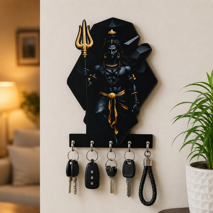 Mahadev wooden key holder with 5 hooks, front view on white background