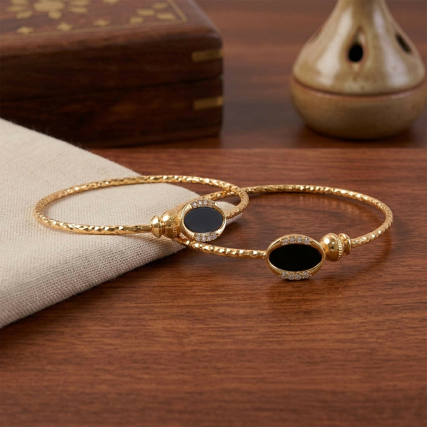 Black Stone Gold Plated Open Bangle Bracelet for Women