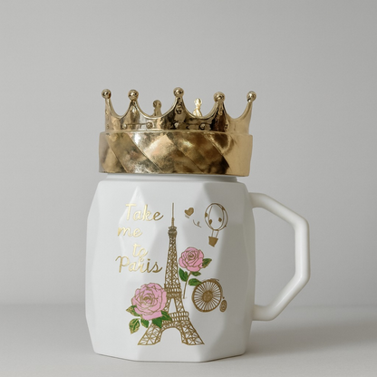 White Paris Ceramic Mug with Golden Crown Lid | Luxury Gift Coffee Cup