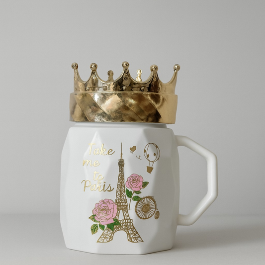 White Paris Ceramic Mug with Golden Crown Lid | Luxury Gift Coffee Cup