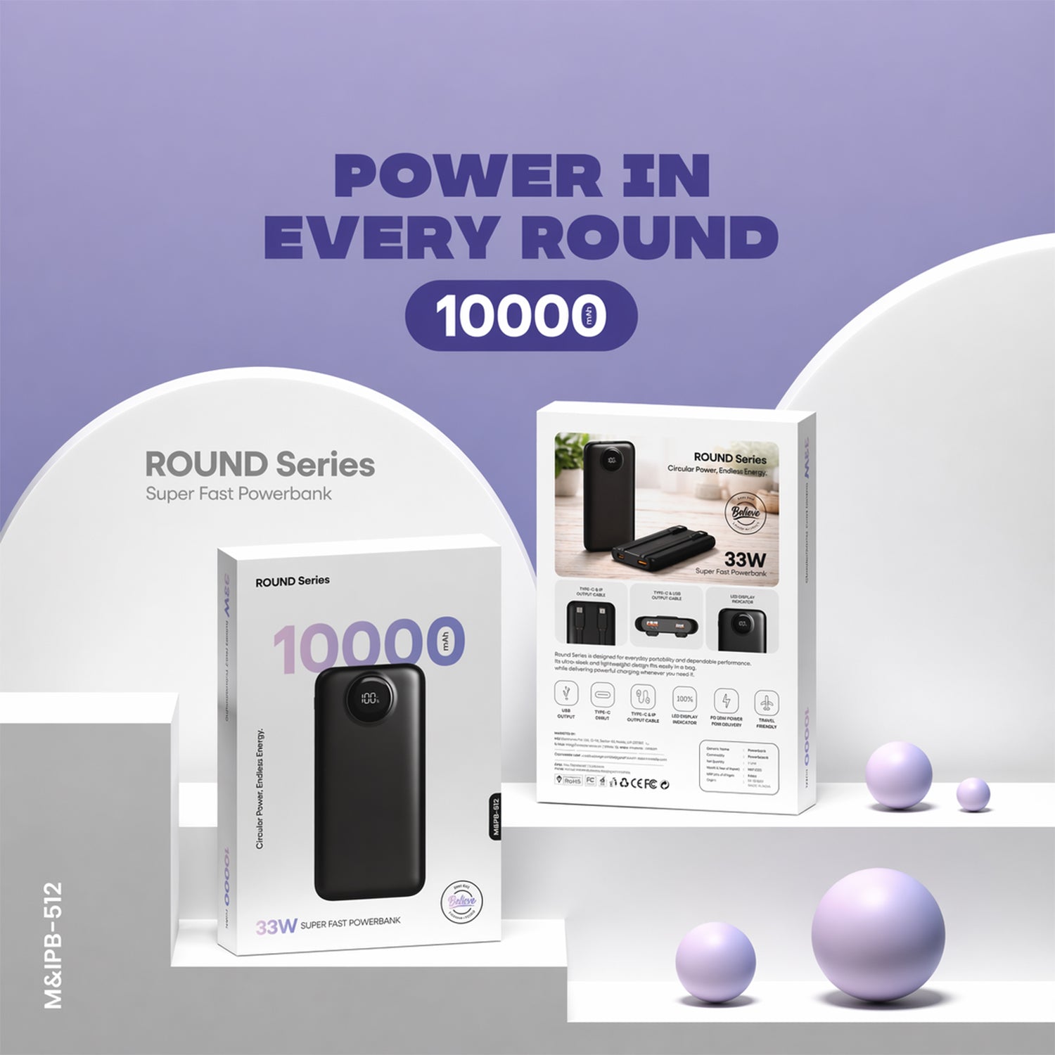 Round Series 10000mAh 33W Fast Charging Power Bank front view