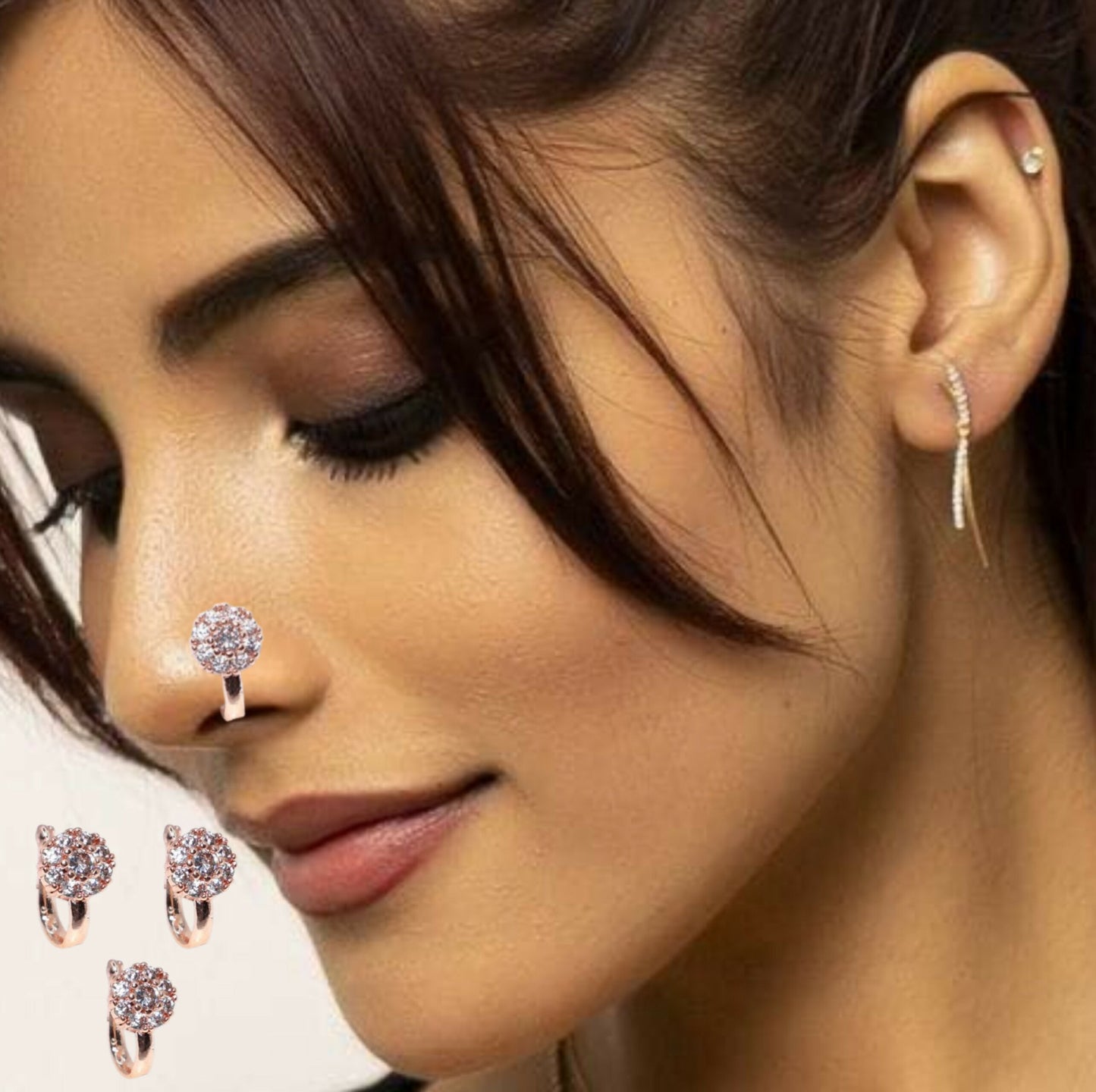 Rose Gold Pink/White CZ Floral Non-Pierced Clip-On Nose Pin Combo Pack of 3