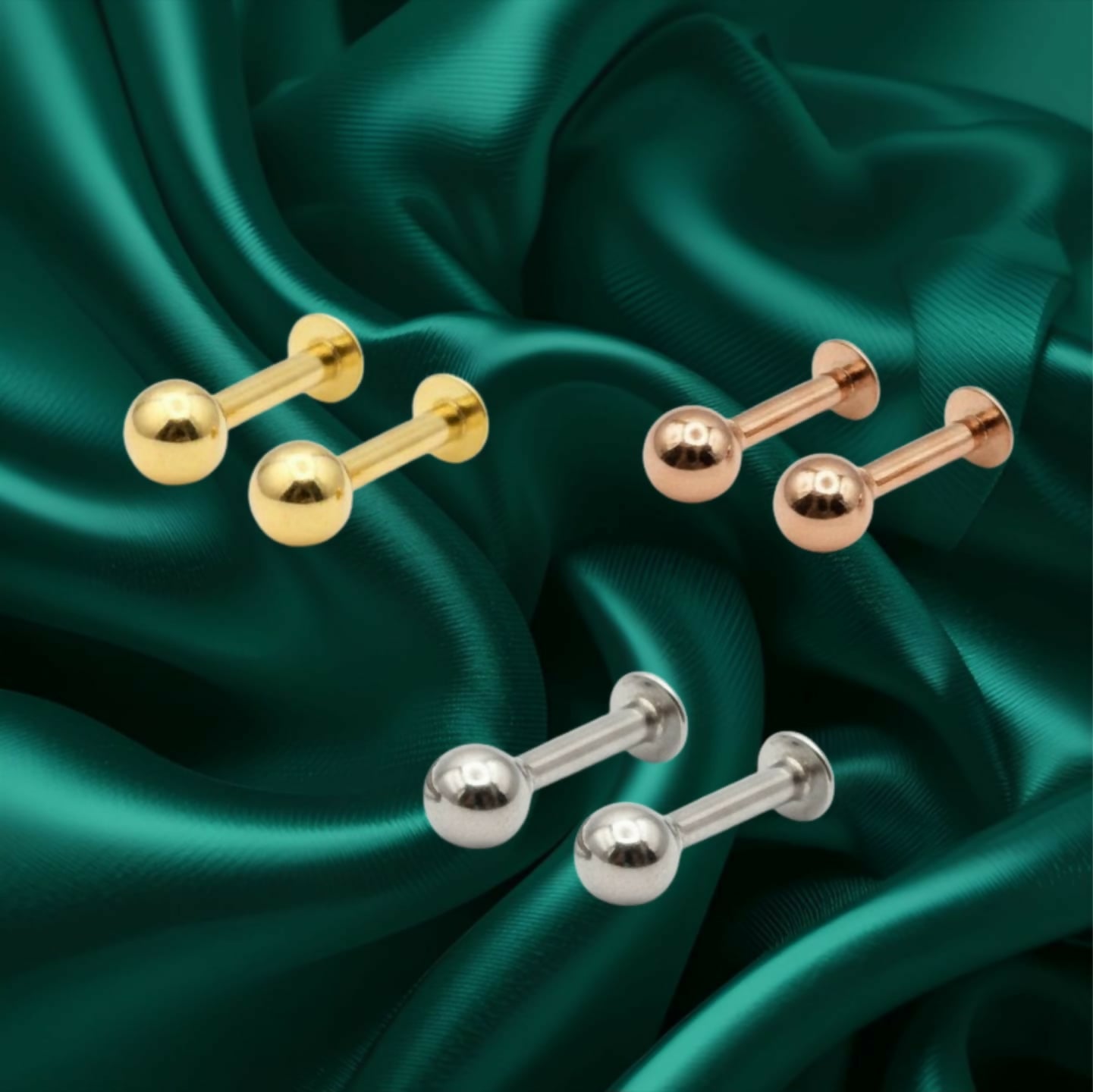 Silver Gold Rose Plated Round Solitaire Flat Back Stud Earrings Combo Pack of 3