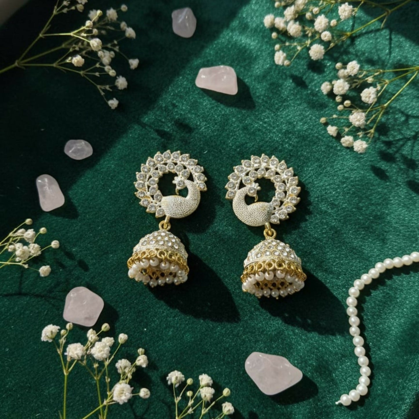 Elegant White Stone Pearl Jhumka Earrings
